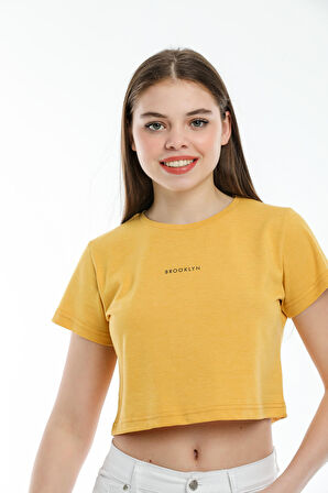 SPR21Y14 Crop Örme Brookyn Baskılı T-Shirt