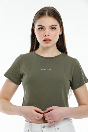 SPR21Y14 Crop Örme Brookyn Baskılı T-Shirt
