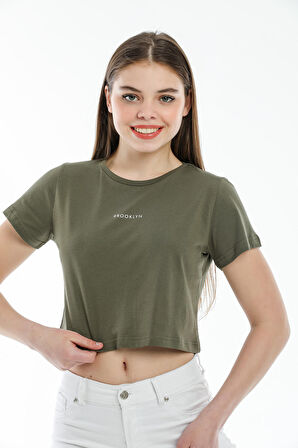 SPR21Y14 Crop Örme Brookyn Baskılı T-Shirt