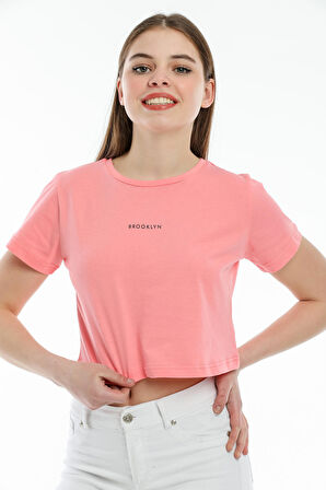 SPR21Y14 Crop Örme Brookyn Baskılı T-Shirt