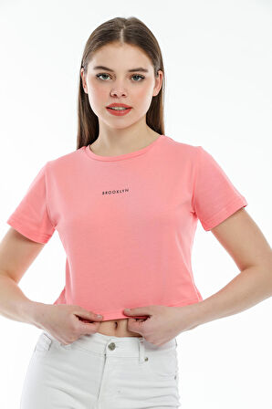 SPR21Y14 Crop Örme Brookyn Baskılı T-Shirt