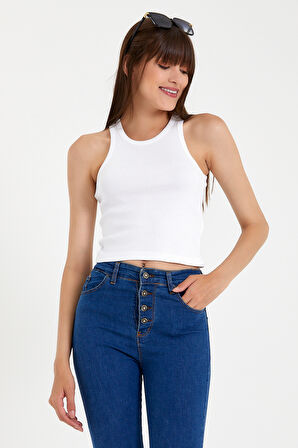 Süperlife Kadın Crop Örme Arkası Yüksek Yaka Slim Fit  Atlet-Tişort SPR21Y11