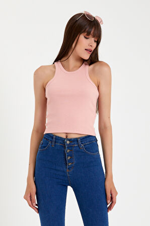 Süperlife Kadın Crop Örme Arkası Yüksek Yaka Slim Fit  Atlet-Tişort SPR21Y11
