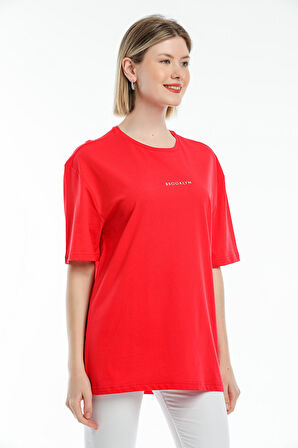 Süperlife Kadın Bisiklet Yaka Standart &Regular Fit  Brookyln Baskılı Tişort SPR21YK27