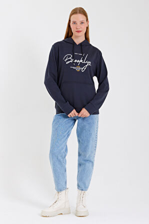 Süperlife Kadın Kapşonlu Regular Fit El Yazılı Brooklyn Baskılı İnce Sweatshirt SPR23SWk361