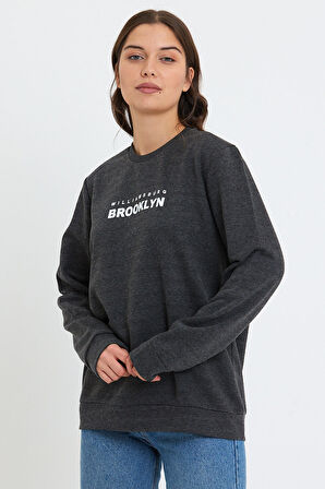 Süperlife Kadın Bisiklet Yaka Oversize Fit Brooklyn Baskılı İnce Sweatshirt SPR23SWK330