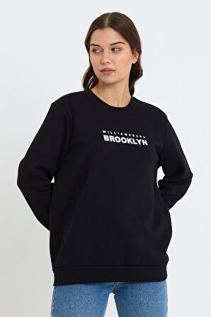 Süperlife Kadın Bisiklet Yaka Oversize Fit Brooklyn Baskılı İnce Sweatshirt SPR23SWK330