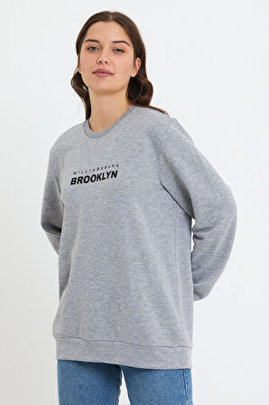 Süperlife Kadın Bisiklet Yaka Oversize Fit Brooklyn Baskılı İnce Sweatshirt SPR23SWK330