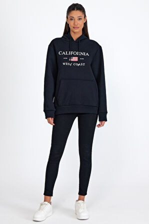 Süperlife Kadın Kapşonlu Rahat Kalıp İçi Polarlı 3 iplik Kanguru Cepli Amerikan Baskılı Swetashırt spr24swk01