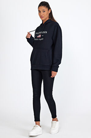 Süperlife Kadın Kapşonlu Rahat Kalıp İçi Polarlı 3 iplik Kanguru Cepli Amerikan Baskılı Swetashırt spr24swk01