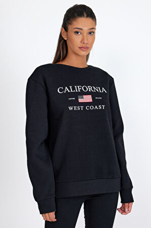 Süperlife Kadın Bisiklet Yaka Rahat Kalıp İçi Polarlı 3 iplik Amerikan Baskılı Swetashırt spr24swk26