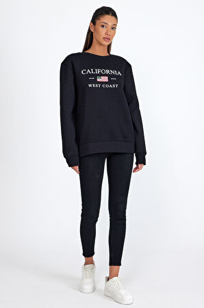 Süperlife Kadın Bisiklet Yaka Rahat Kalıp İçi Polarlı 3 iplik Amerikan Baskılı Swetashırt spr24swk26