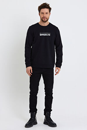 Süperlife Erkek Bisiklet Yaka 3 iplik Kalın Brooklyn Baskılı Sweatshirt SPR24sw29