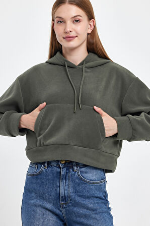 Kadın Rahat Kalıp Softech Polar Kapşonlu Kanguru Cepli Sweatshırt spr24pwk98