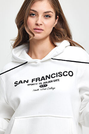 Süperlife Kadın Kapşonlu Rahat Kalıp İçi Polarlı 3 iplik Kanguru Cepli San Francisco Baskılı Swetashırt Spr24swk02