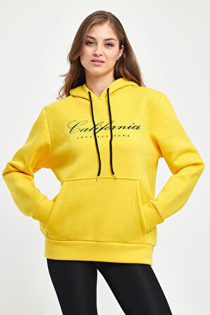 Süperlife Kadın Kapşonlu Rahat Kalıp İçi Polarlı 3 iplik Kanguru Cepli Californıa Baskılı Swetashırt spr24swk03