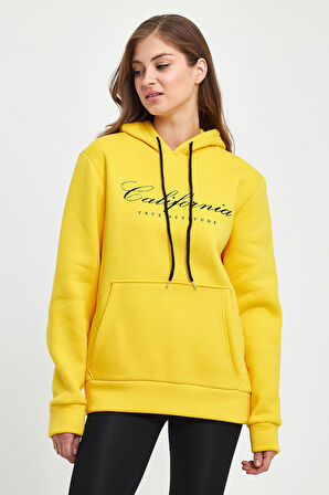 Süperlife Kadın Kapşonlu Rahat Kalıp İçi Polarlı 3 iplik Kanguru Cepli Californıa Baskılı Swetashırt spr24swk03