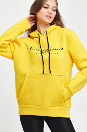 Süperlife Kadın Kapşonlu Rahat Kalıp İçi Polarlı 3 iplik Kanguru Cepli Californıa Baskılı Swetashırt spr24swk03