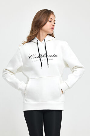 Süperlife Kadın Kapşonlu Rahat Kalıp İçi Polarlı 3 iplik Kanguru Cepli Californıa Baskılı Swetashırt spr24swk03