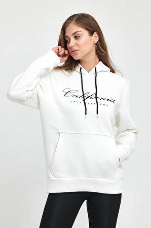 Süperlife Kadın Kapşonlu Rahat Kalıp İçi Polarlı 3 iplik Kanguru Cepli Californıa Baskılı Swetashırt spr24swk03