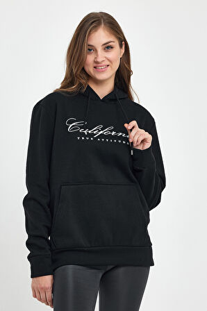 Süperlife Kadın Kapşonlu Rahat Kalıp İçi Polarlı 3 iplik Kanguru Cepli Californıa Baskılı Swetashırt spr24swk03