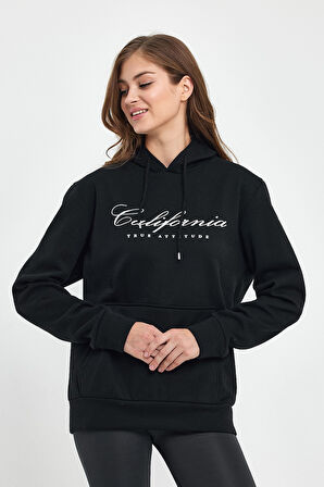 Süperlife Kadın Kapşonlu Rahat Kalıp İçi Polarlı 3 iplik Kanguru Cepli Californıa Baskılı Swetashırt spr24swk03