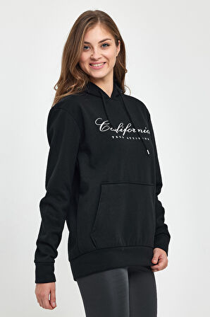 Süperlife Kadın Kapşonlu Rahat Kalıp İçi Polarlı 3 iplik Kanguru Cepli Californıa Baskılı Swetashırt spr24swk03