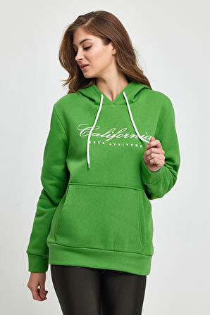 Süperlife Kadın Kapşonlu Rahat Kalıp İçi Polarlı 3 iplik Kanguru Cepli Californıa Baskılı Swetashırt spr24swk03