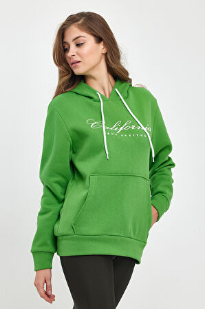 Süperlife Kadın Kapşonlu Rahat Kalıp İçi Polarlı 3 iplik Kanguru Cepli Californıa Baskılı Swetashırt spr24swk03