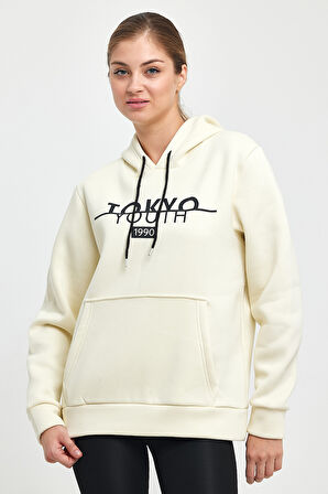 Süperlife Kadın Kapşonlu Rahat Kalıp İçi Polarlı 3 iplik Kanguru Cepli Tokyo Baskılı Swetashırt Spr24swk12