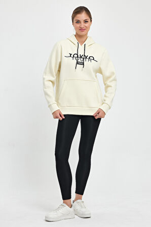 Süperlife Kadın Kapşonlu Rahat Kalıp İçi Polarlı 3 iplik Kanguru Cepli Tokyo Baskılı Swetashırt Spr24swk12