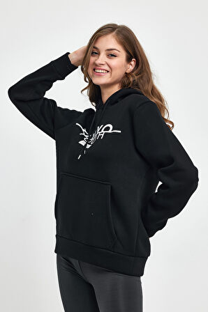 Süperlife Kadın Kapşonlu Rahat Kalıp İçi Polarlı 3 iplik Kanguru Cepli Tokyo Baskılı Swetashırt Spr24swk12