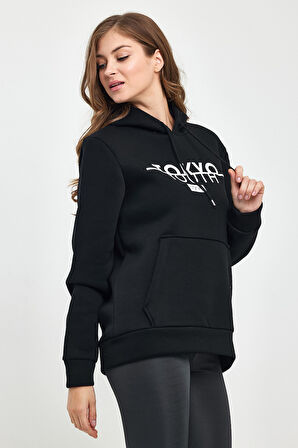 Süperlife Kadın Kapşonlu Rahat Kalıp İçi Polarlı 3 iplik Kanguru Cepli Tokyo Baskılı Swetashırt Spr24swk12