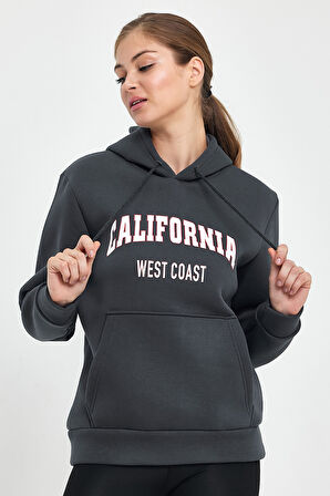 Süperlife Kadın Kapşonlu Rahat Kalıp İçi Polarlı 3 iplik Kanguru Cepli Californıa West  Baskılı Swetashırt SPR24SWK08