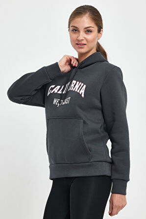 Süperlife Kadın Kapşonlu Rahat Kalıp İçi Polarlı 3 iplik Kanguru Cepli Californıa West  Baskılı Swetashırt SPR24SWK08