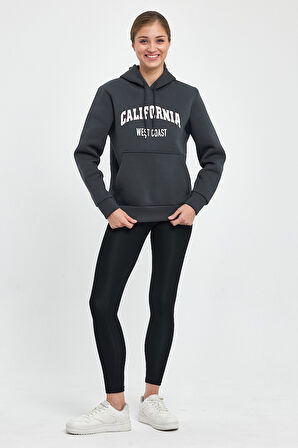 Süperlife Kadın Kapşonlu Rahat Kalıp İçi Polarlı 3 iplik Kanguru Cepli Californıa West  Baskılı Swetashırt SPR24SWK08