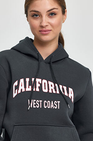 Süperlife Kadın Kapşonlu Rahat Kalıp İçi Polarlı 3 iplik Kanguru Cepli Californıa West  Baskılı Swetashırt SPR24SWK08