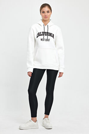 Süperlife Kadın Kapşonlu Rahat Kalıp İçi Polarlı 3 iplik Kanguru Cepli Californıa West  Baskılı Swetashırt SPR24SWK08