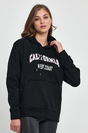 Süperlife Kadın Kapşonlu Rahat Kalıp İçi Polarlı 3 iplik Kanguru Cepli Californıa West  Baskılı Swetashırt SPR24SWK08