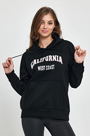 Süperlife Kadın Kapşonlu Rahat Kalıp İçi Polarlı 3 iplik Kanguru Cepli Californıa West  Baskılı Swetashırt SPR24SWK08