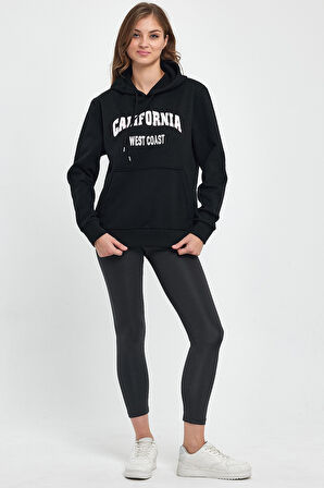 Süperlife Kadın Kapşonlu Rahat Kalıp İçi Polarlı 3 iplik Kanguru Cepli Californıa West  Baskılı Swetashırt SPR24SWK08