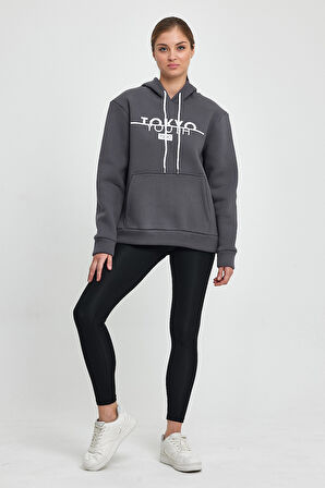 Süperlife Kadın Kapşonlu Rahat Kalıp İçi Polarlı 3 iplik Kanguru Cepli Tokyo Baskılı Swetashırt Spr24swk12