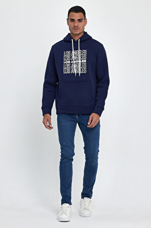 Süperlife Erkek Kapşonlu Rahat Kalıp İçi Polarlı 3 iplik  Los Angeles Baskılı SweatShırt spr24sw10