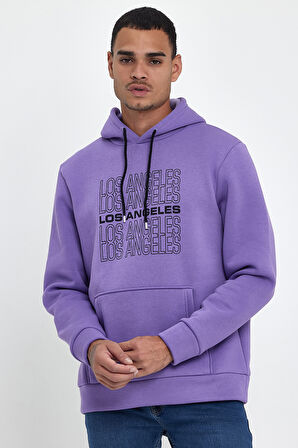 Süperlife Erkek Kapşonlu Rahat Kalıp İçi Polarlı 3 iplik  Los Angeles Baskılı SweatShırt spr24sw10