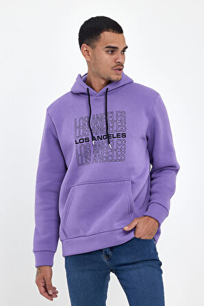 Süperlife Erkek Kapşonlu Rahat Kalıp İçi Polarlı 3 iplik  Los Angeles Baskılı SweatShırt spr24sw10