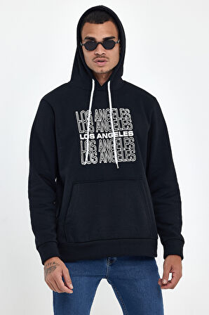 Süperlife Erkek Kapşonlu Rahat Kalıp İçi Polarlı 3 iplik  Los Angeles Baskılı SweatShırt spr24sw10