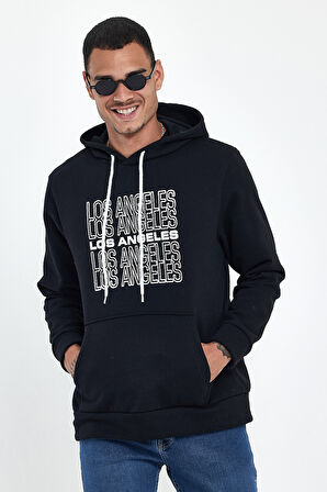 Süperlife Erkek Kapşonlu Rahat Kalıp İçi Polarlı 3 iplik  Los Angeles Baskılı SweatShırt spr24sw10