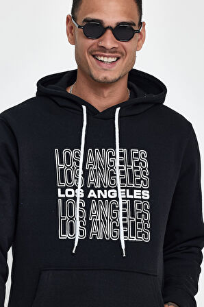 Süperlife Erkek Kapşonlu Rahat Kalıp İçi Polarlı 3 iplik  Los Angeles Baskılı SweatShırt spr24sw10