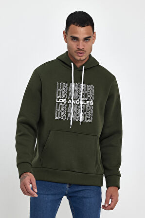 Süperlife Erkek Kapşonlu Rahat Kalıp İçi Polarlı 3 iplik  Los Angeles Baskılı SweatShırt spr24sw10