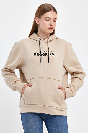 Kadın Kapşonlu Rahat Kalıp İçi Polarlı 3 iplik  W. Brooklyn Baskılı Swetashırt spr24swk04 